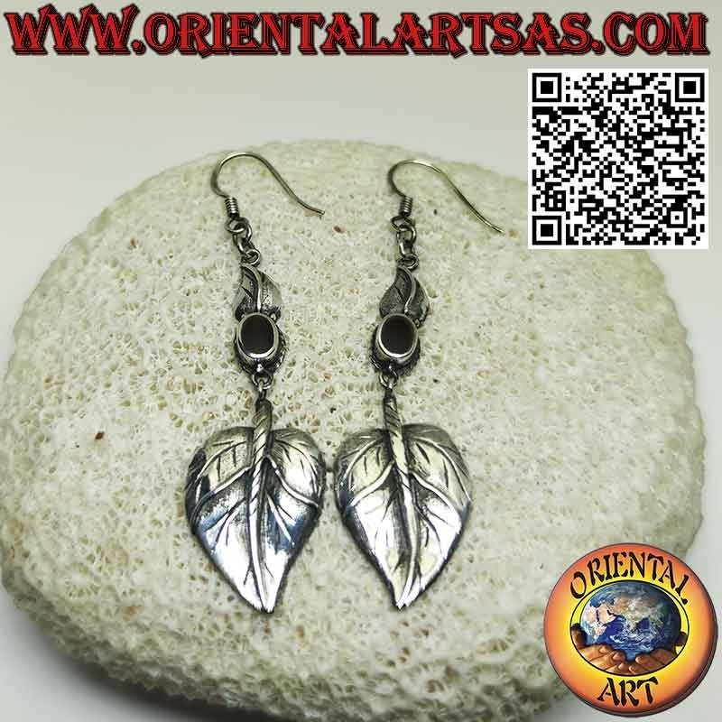 Silver earrings, with oval carnelian and pendant heart-shaped leaf