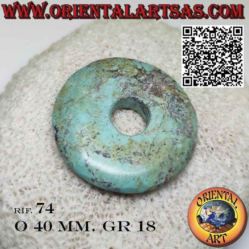 Pendentif disque/beignet en turquoise tibétaine naturelle de 40 mm. Ø avec cordon