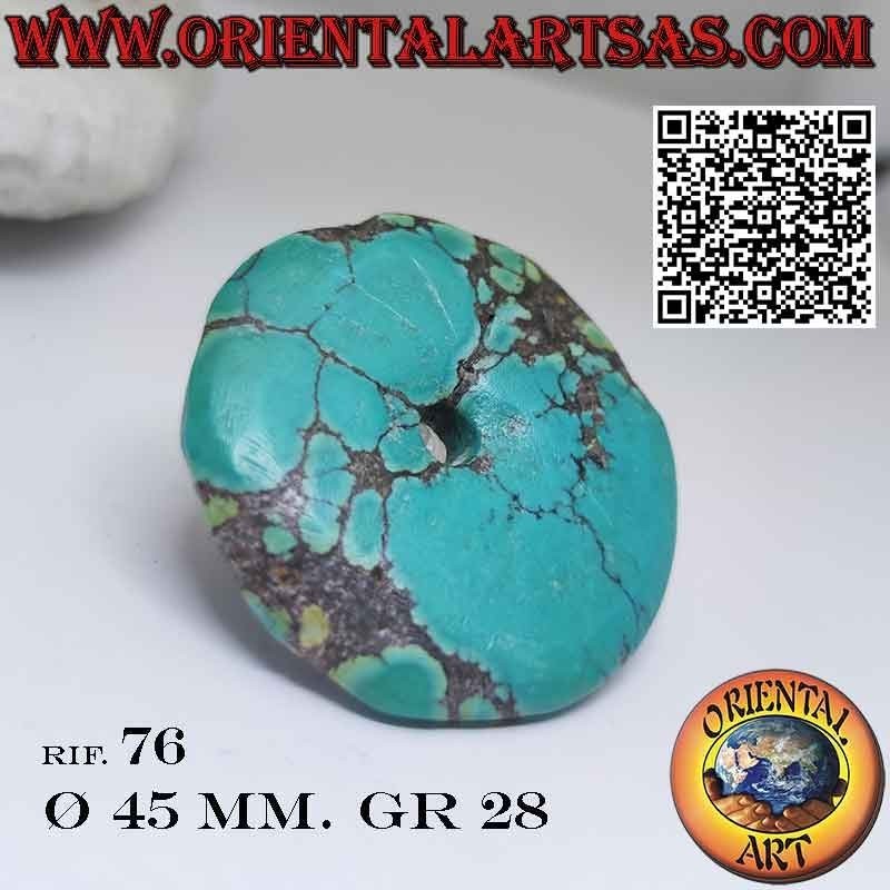 Pendentif disque/beignet en turquoise tibétaine naturelle de 45 mm. Ø avec cordon
