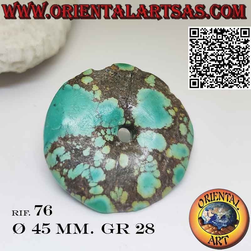 Ciondolo a disco/ciambella in turchese tibetano naturale da 45 mm. Ø con cordoncino