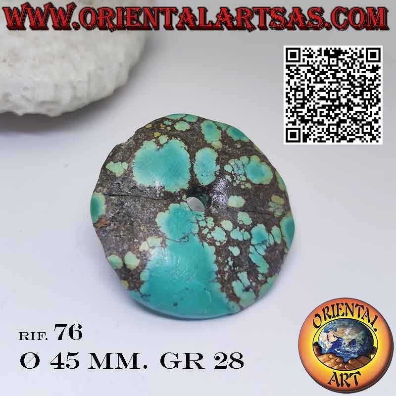 45 mm Ø großer natürlicher tibetischer Türkis-Scheibenanhänger.  mit Kordelzug