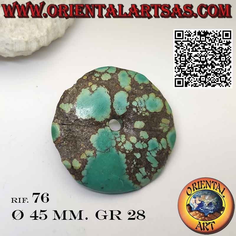 Colgante de rosquilla/disco de turquesa tibetana natural de 45 mm. Ø con cordón