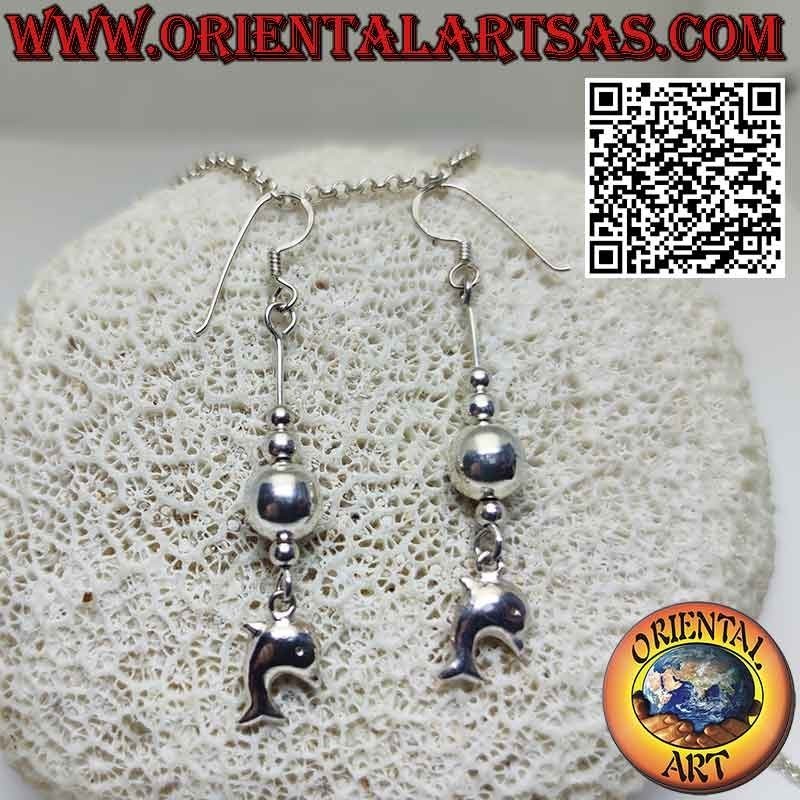 Boucles d'oreilles pendantes en argent avec 3 sphères et un dauphin en trois dimensions