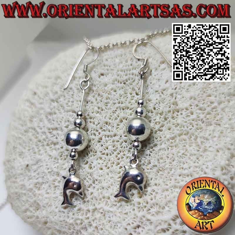 Silver pendant earrings with 3 spheres and a three-dimensional dolphin