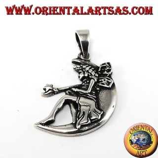 Pendentif argent, fée avec baguette magique sur la lune