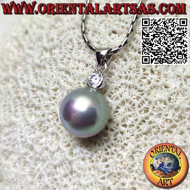 Pendentif en argent avec perle grise et zircon rond facetté sur le dessus