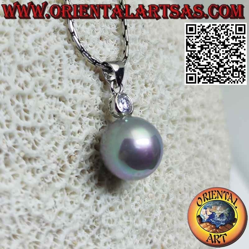 Colgante de plata con perla gris y circonita facetada redonda en la parte superior