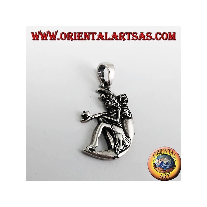 Pendentif argent, fée avec baguette magique sur la lune