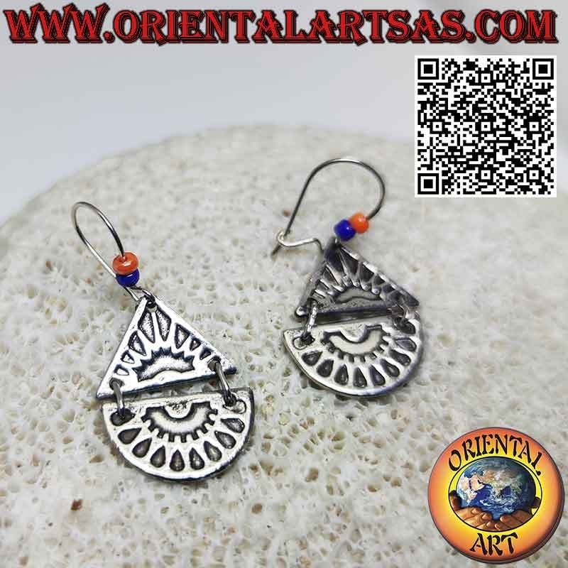 Mayan silver earrings with low relief sun on triangle and semicircle