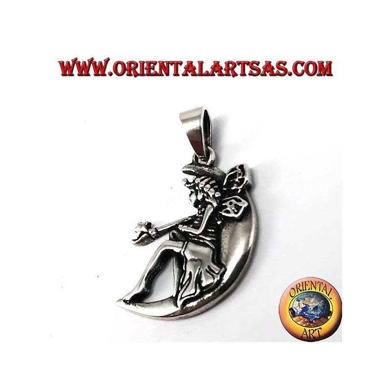 Pendentif argent, fée avec baguette magique sur la lune