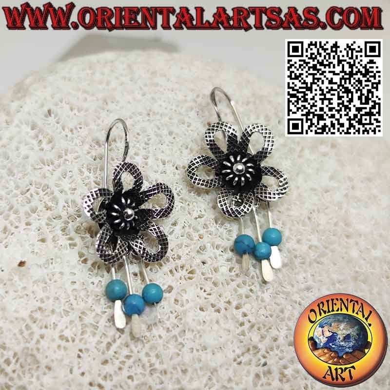 Silver flower earrings with three pendants complete with turquoise spheres