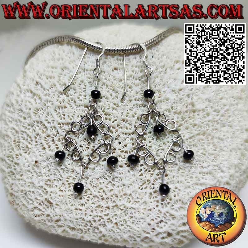 Earrings made with 925 silver wire and five pendant onyx spheres