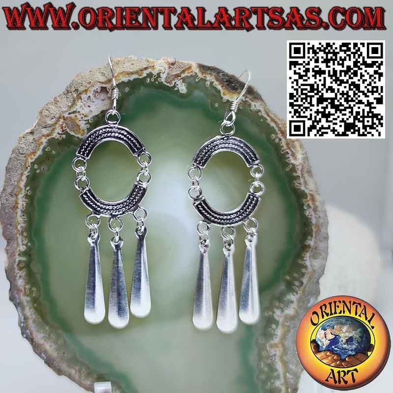 Silver earrings with 2 chiseled opposing arches with 3 pendants
