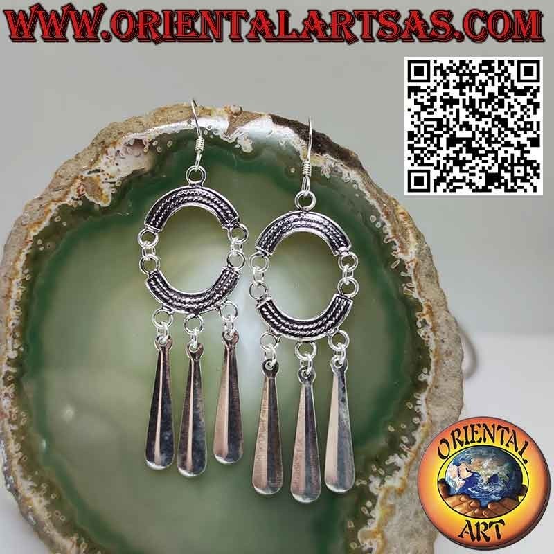 Silver earrings with 2 chiseled opposing arches with 3 pendants