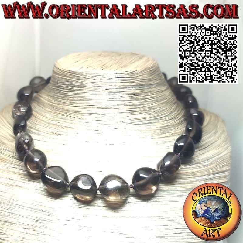 Collar de cantos rodados en cuarzo ahumado natural con cierre de plata
