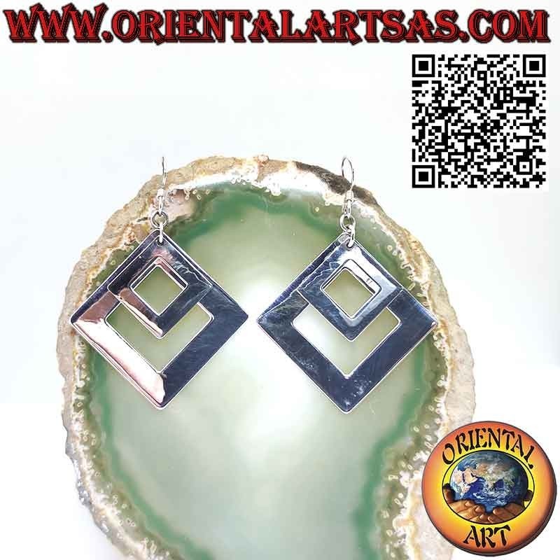 Pendant silver earrings with 2 shiny and bright perforated squares