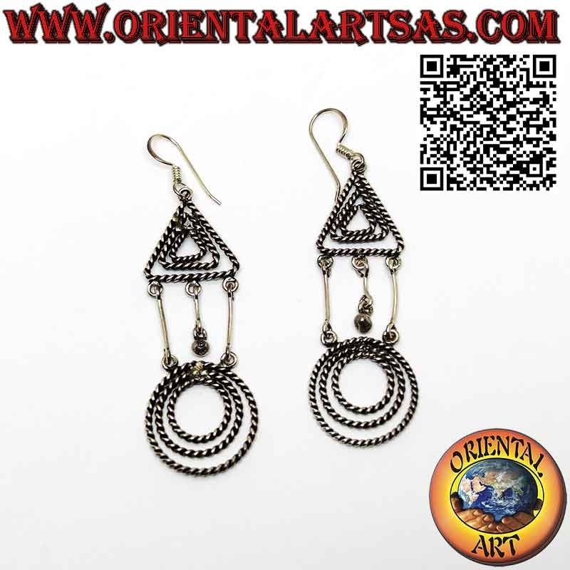 Triangle and circle earrings made with silver braided wire