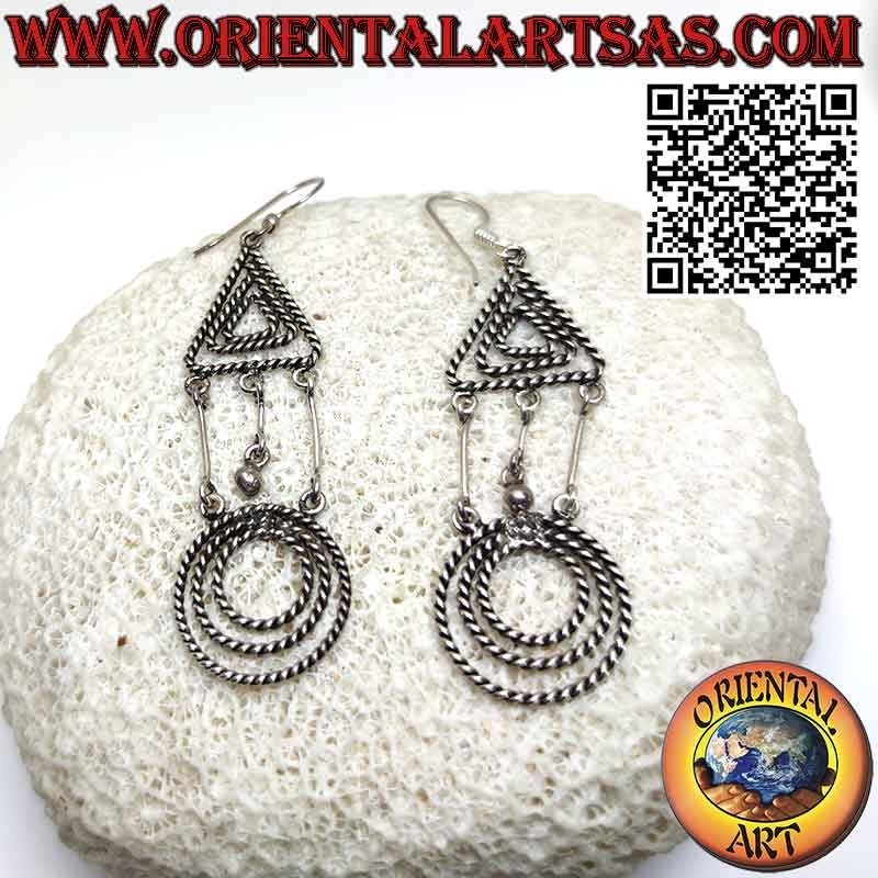 Boucles d'oreilles triangle et cercle en fil d'argent tressé