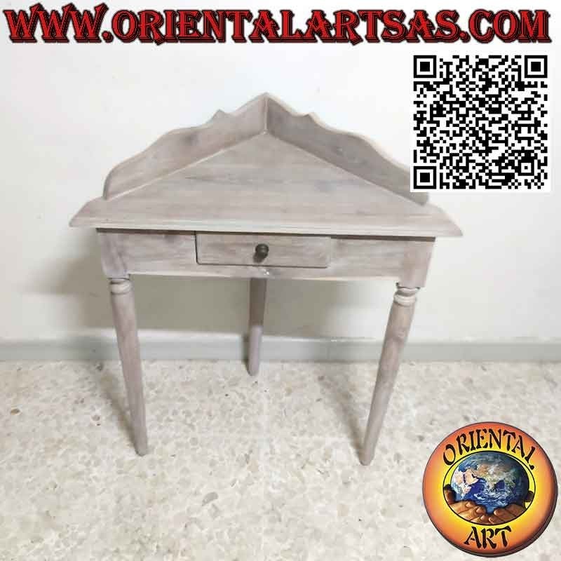 Tavolo consolle a angolare con piedi tondi in legno di teak decapato