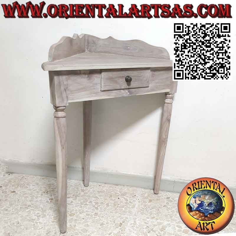 Tavolo consolle a angolare con piedi tondi in legno di teak decapato