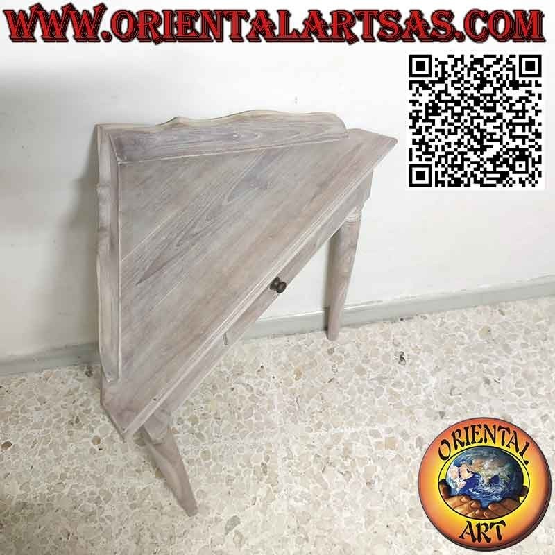 Corner console table with round feet in pickled teak wood