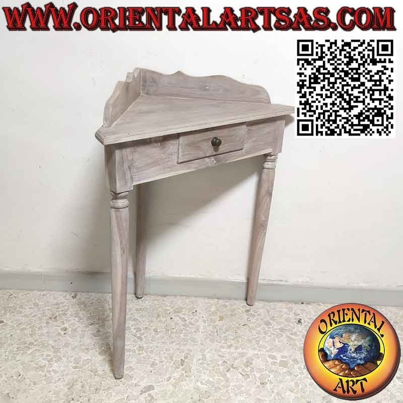 Corner console table with round feet in pickled teak wood