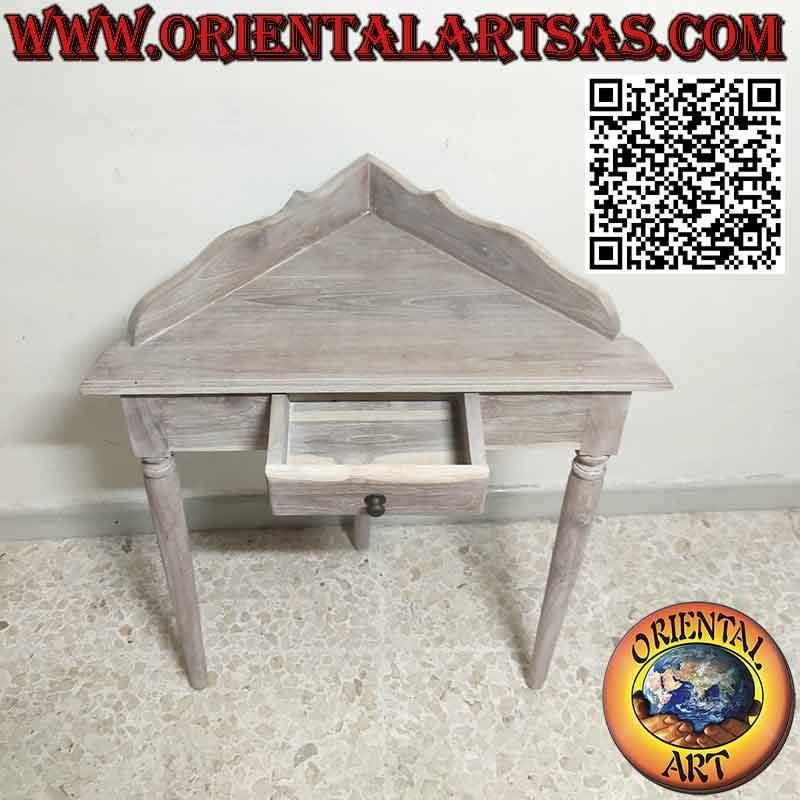 Tavolo consolle a angolare con piedi tondi in legno di teak decapato