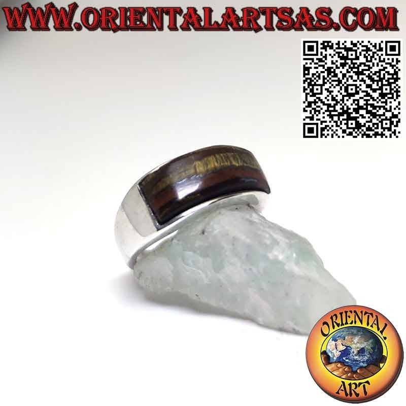 Silver band ring with rectangular curved tiger eye
