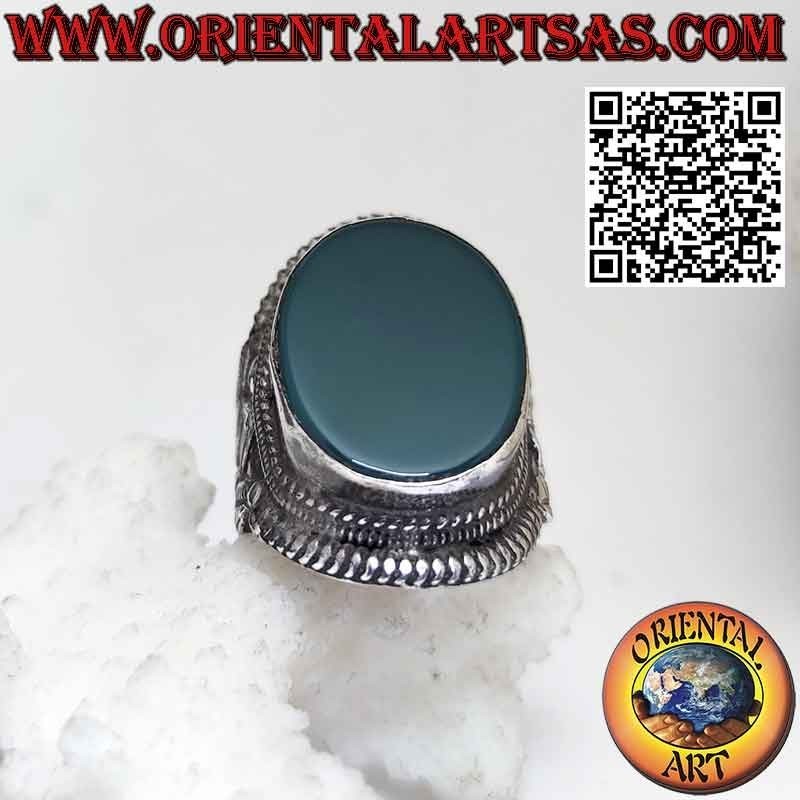 Nepalese style silver ring with a large natural green agate