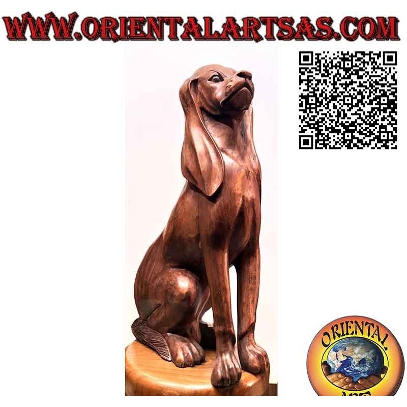 63 cm suar wood sculpture of a sitting hound dog on guard