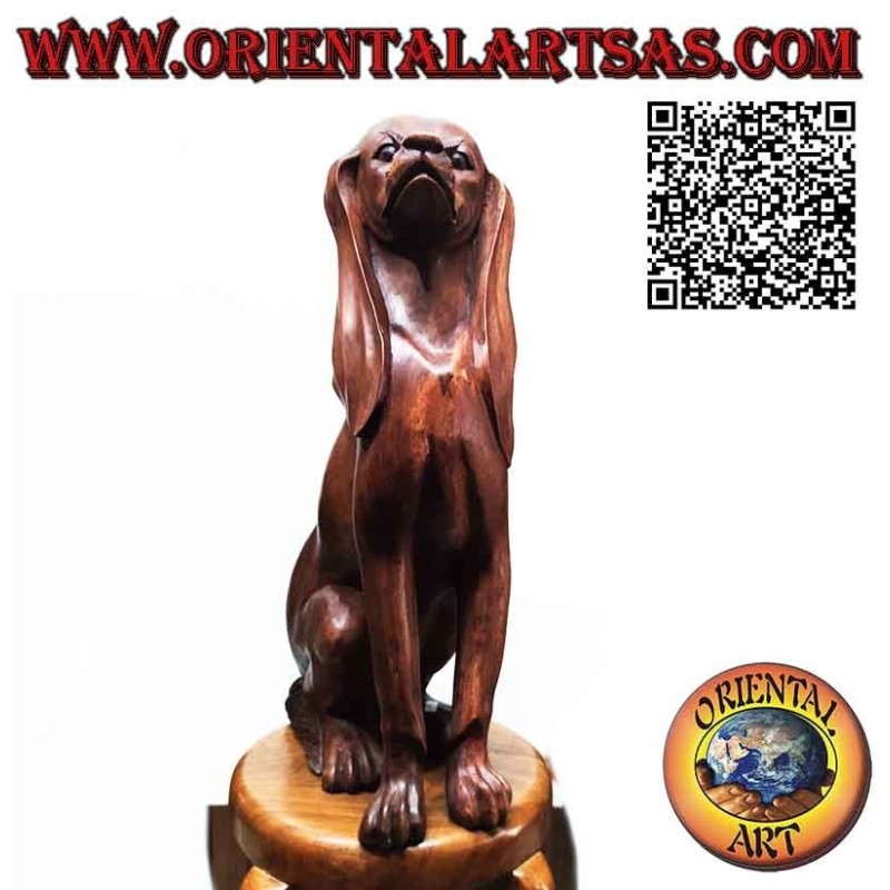 Scultura di un cane segugio seduto in guardia in legno di suar da 63 cm