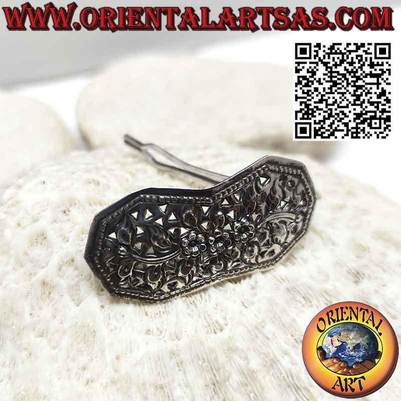 Fermacapelli in argento 925 cesellato floreale con pettinino piccolo