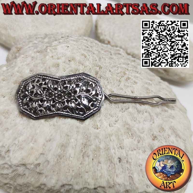 Fermacapelli in argento 925 cesellato floreale con pettinino piccolo