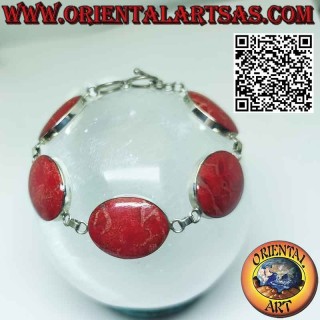 Pulsera en plata 925 ‰ con 6 madréporas grandes ovales rojas (coral).