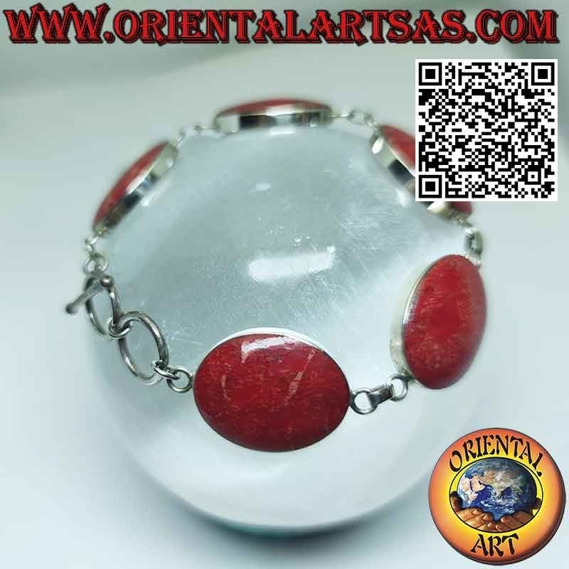 Bracelet en argent 925‰ avec 6 grands madrépores rouges ovales (corail).