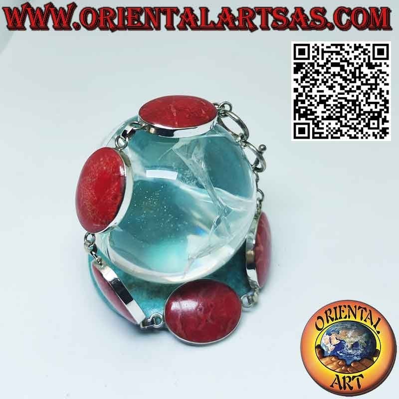 Bracelet en argent 925‰ avec 6 grands madrépores rouges ovales (corail).