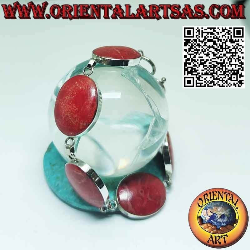 Bracelet in 925 ‰ silver with 6 large oval red madrepores (coral).