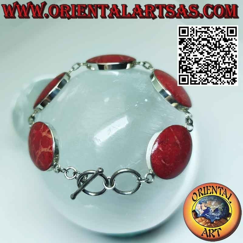 Armband aus 925 ‰ Silber mit 6 großen ovalen roten Madreporen (Koralle).