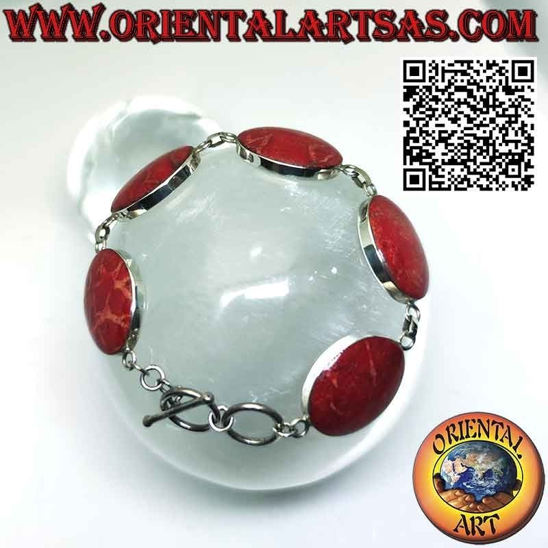 Bracciale in argento 925 ‰ con 6 madrepore rosse (corallo) ovali grandi