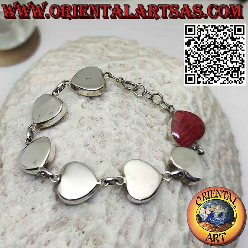 Bracelet in 925 ‰ silver with 7 red madrepore hearts (coral)