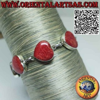 Armband aus 925 ‰ Silber mit 7 roten Madrepore-Herzen (Koralle)