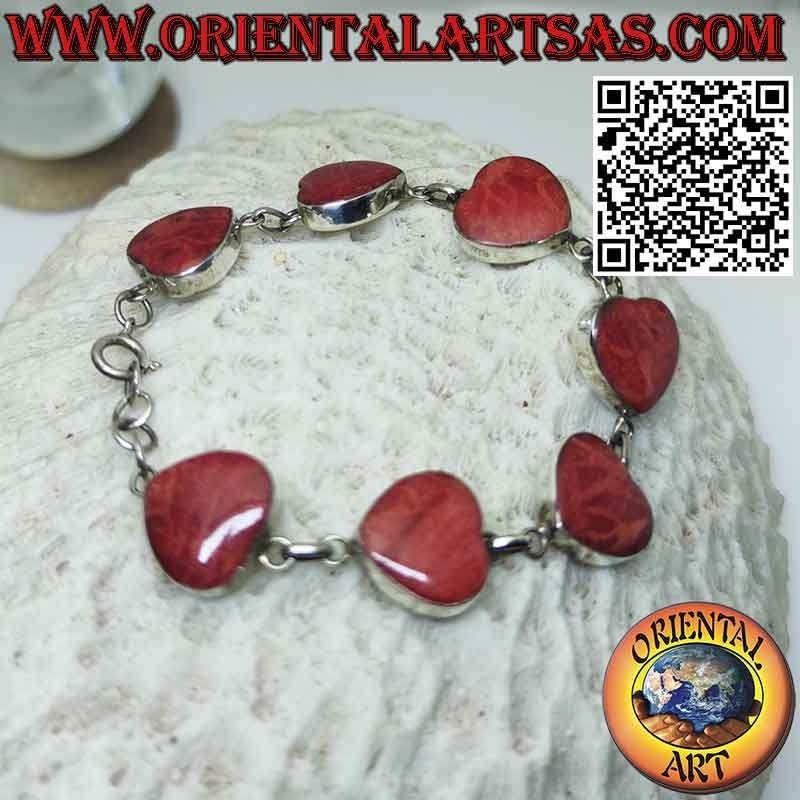 Bracelet en argent 925‰ avec 7 coeurs en madrépore rouge (corail)