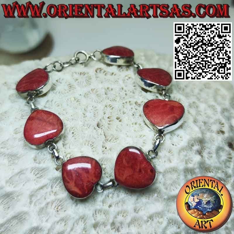 Bracelet in 925 ‰ silver with 7 red madrepore hearts (coral)