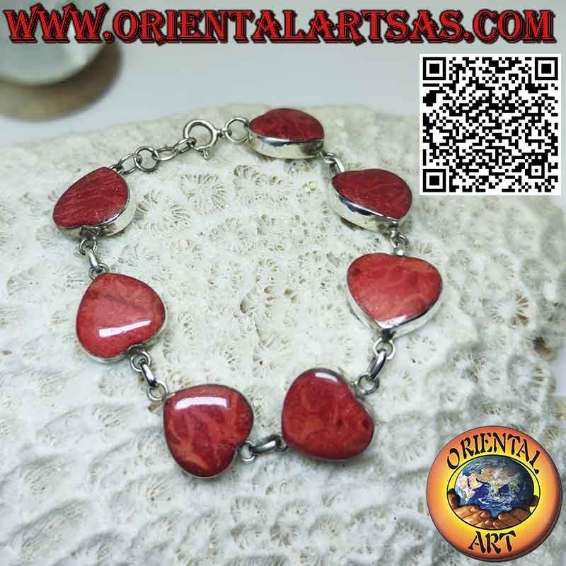 Bracelet en argent 925‰ avec 7 coeurs en madrépore rouge (corail)