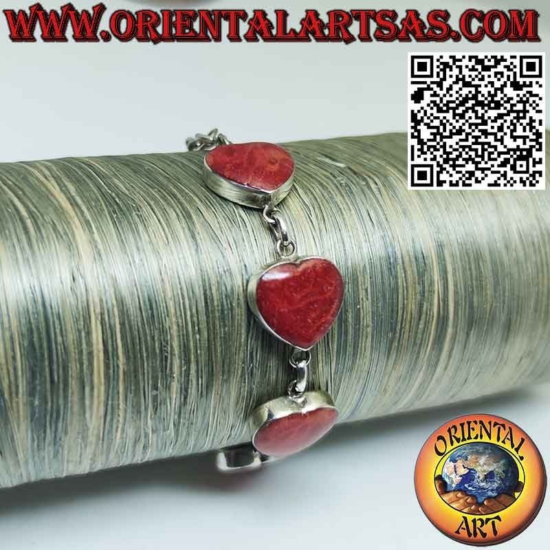 Pulsera en plata 925 ‰ con 7 corazones de madrépora roja (coral)
