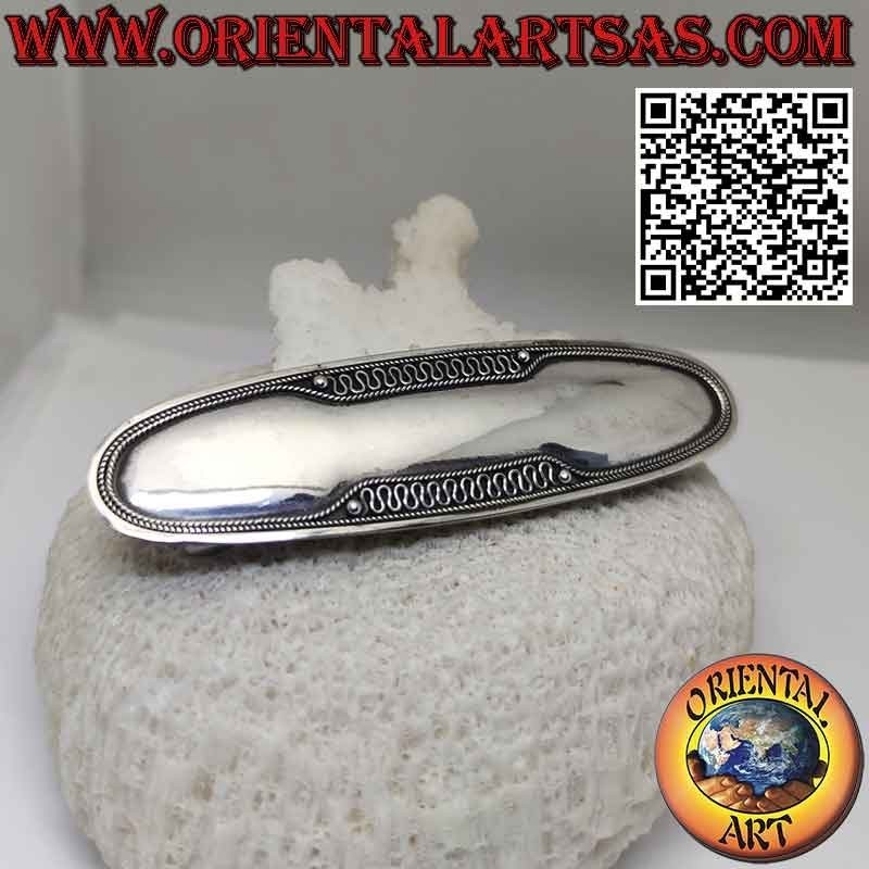 Hair clip in 925 silver oval with waves on the edges (steel clip)