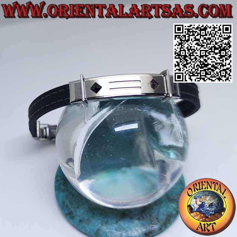 Pulseras de acero con pirámide de circonitas negras y correa de piel