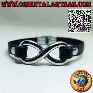 Bracelet with infinity symbol in steel and leather strap