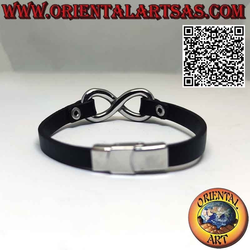 Bracelet with infinity symbol in steel and leather strap