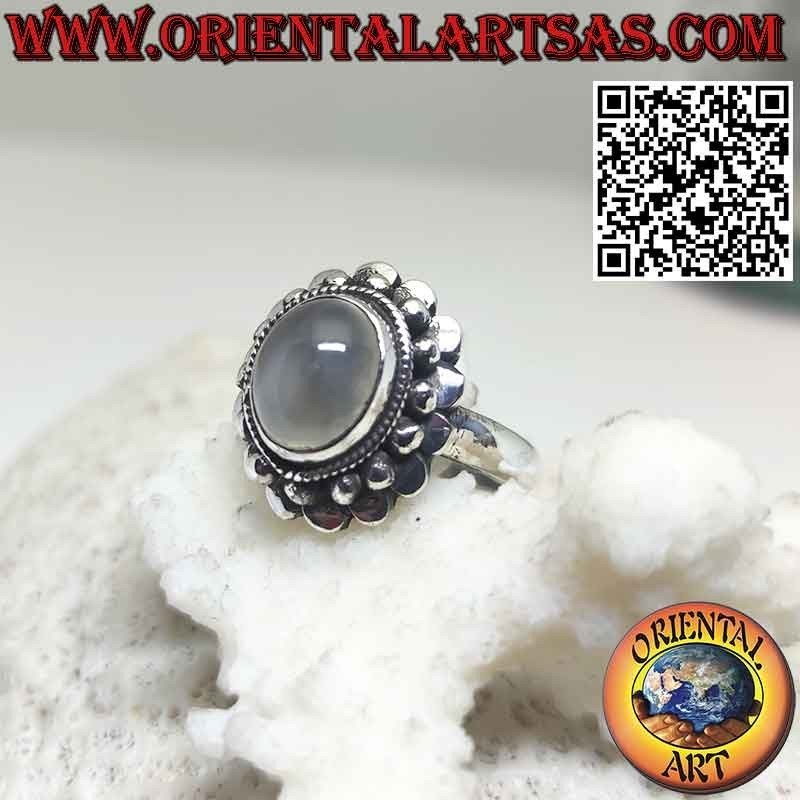 Bague en argent avec pierre de lune naturelle entourée de sphères